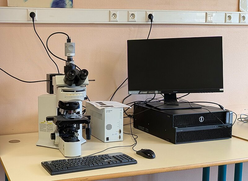 Photo d'un microscope polarisant BX6, à gauche, équipé d'une caméra Tucsen FL20 sur l'apex du microscope et et du système de pilotage par le logiciel Mosaic 2.3, à gauche.
